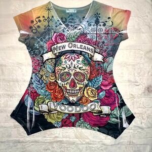 Desiree Collection New Orleans Voodoo XL Rhinestone V‑Neck Shark‑Bite Top